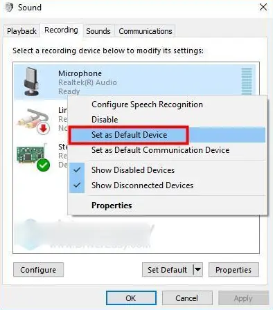 set as default audio device Microphone working but no sound
